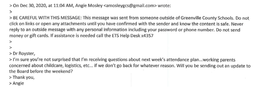 Jan. 9, 2021, Greenville County Schools FOIA response: first email (Angie Mosely, re: back to school plan)
